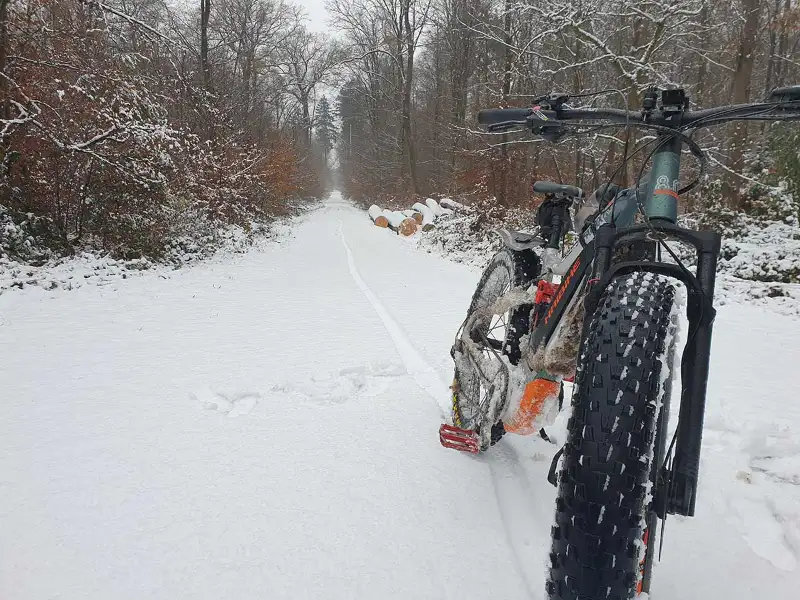 Ein Mountainbike auf Waldweg im Schnee, im Hintergrund Wald - JobRadmoment eines Jobradlers Ein Mountainbike auf Waldweg im Schnee, im Hintergrund Wald - JobRadmoment eines Jobradlers